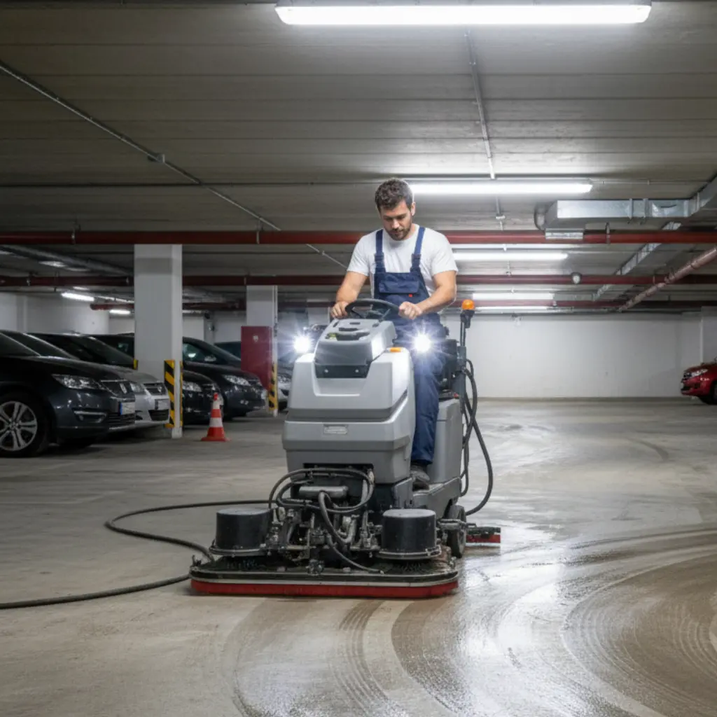 Bodenreinigung in Tiefgaragen – maschinelle Reinigung zur Entfernung von Abrieb, Staub und Schmutzfilmen.