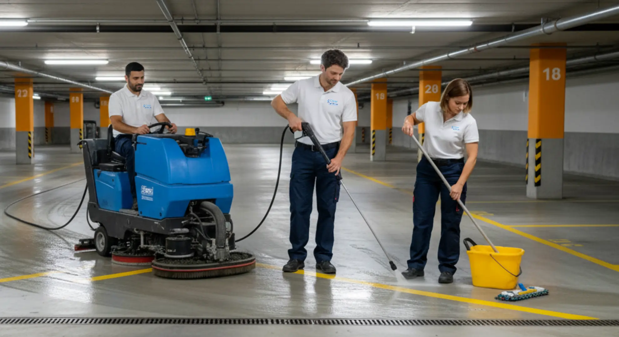 Tiefgaragenreinigung in Eschborn und Frankfurt am Main – professionelle Reinigung von Tiefgaragen, Parkflächen und Fahrwegen durch Clear Move Glas & Gebäudereinigung.